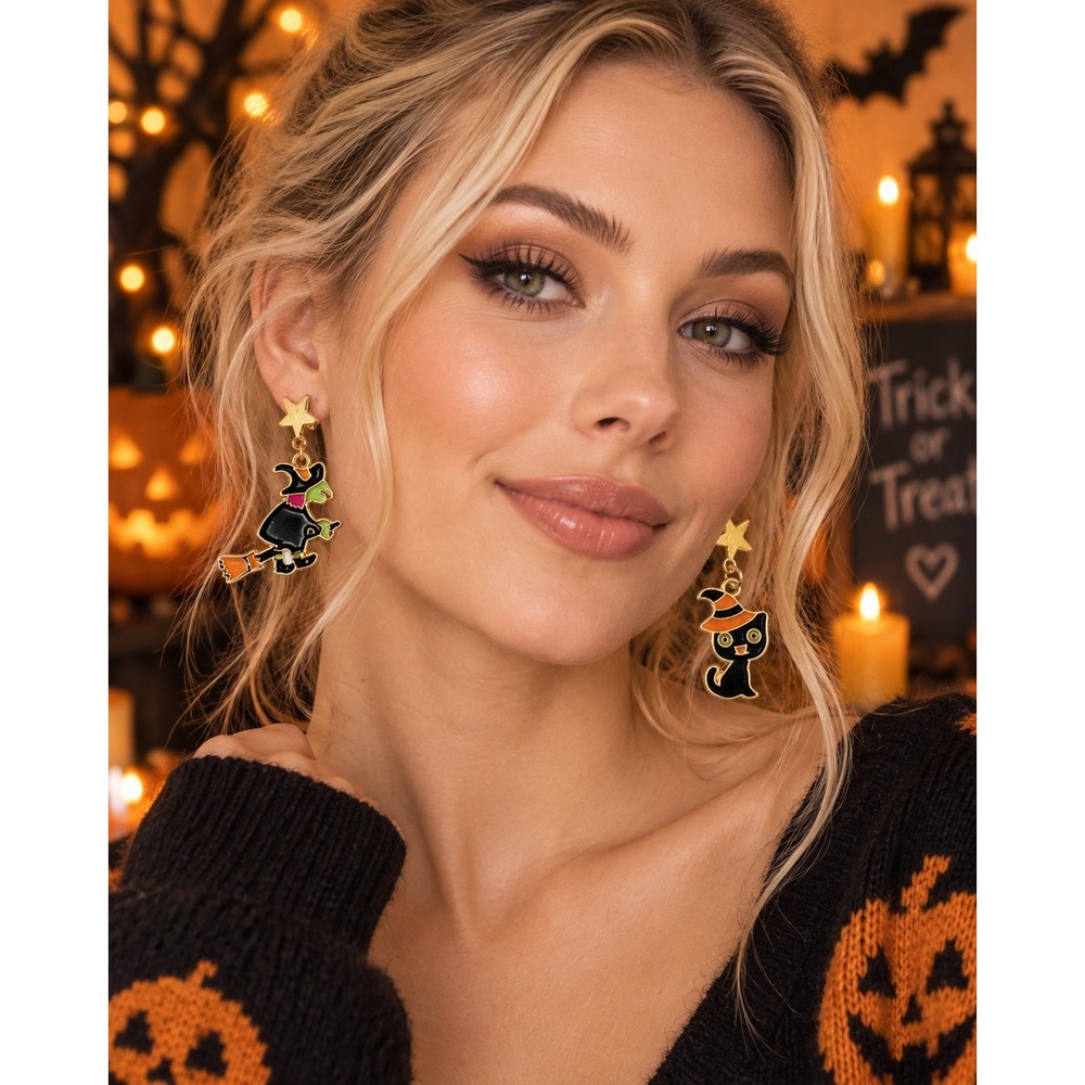 Halloween Witch and Black Cat Enamel Asymmetrical Star Drop Earrings Gold Tone
